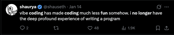 Shaurya on vibe coding being less fun